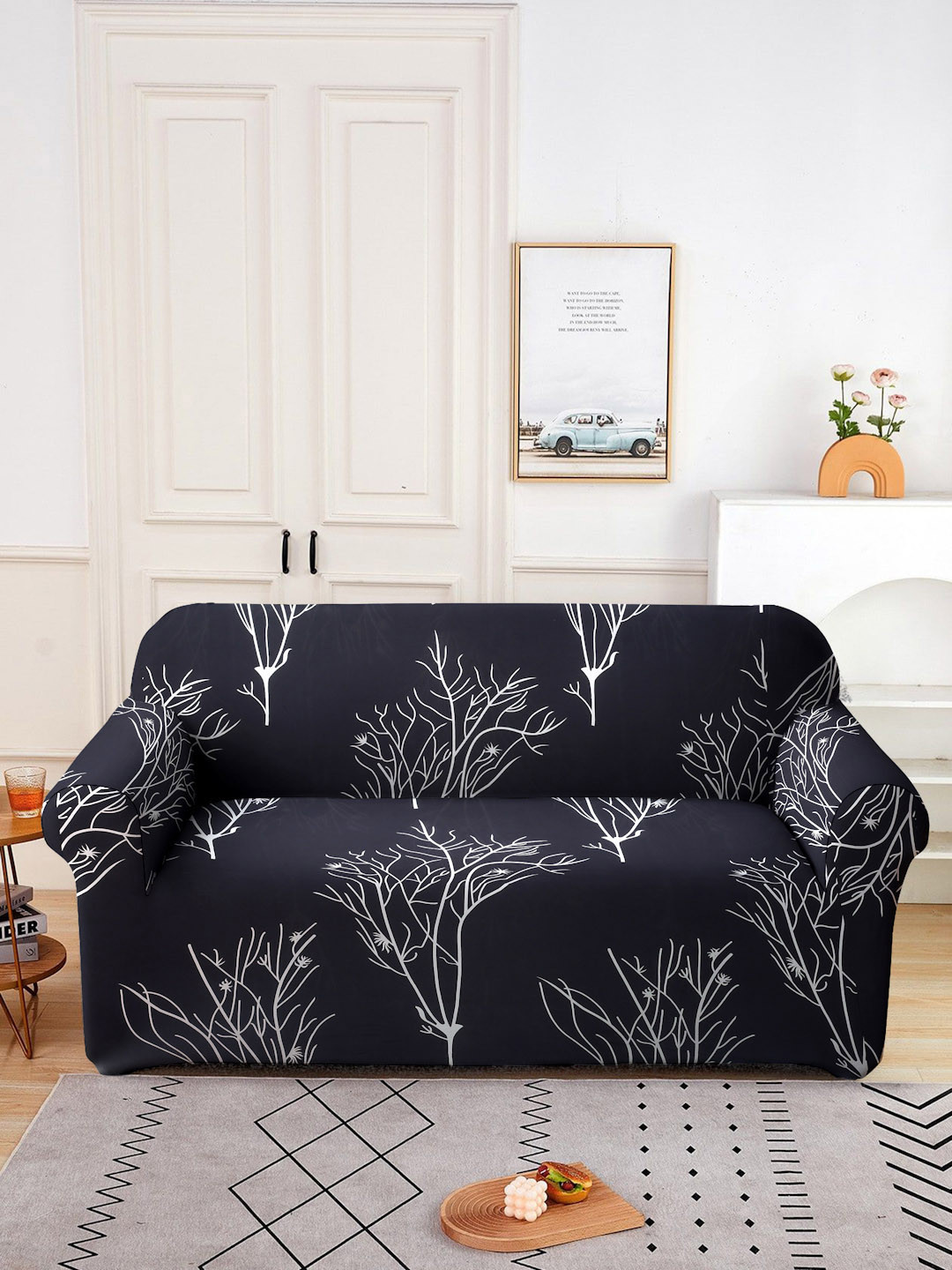 Cortina Black Printed Polyester 2 Seater Stretchable Non-Slip Sofa Cover
