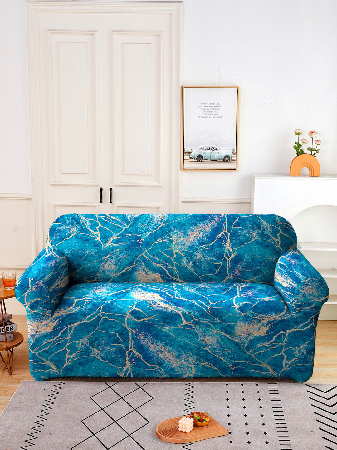 Cortina Teal Green Printed 2-Seater Stretchable Non-Slip Sofa Slipcover