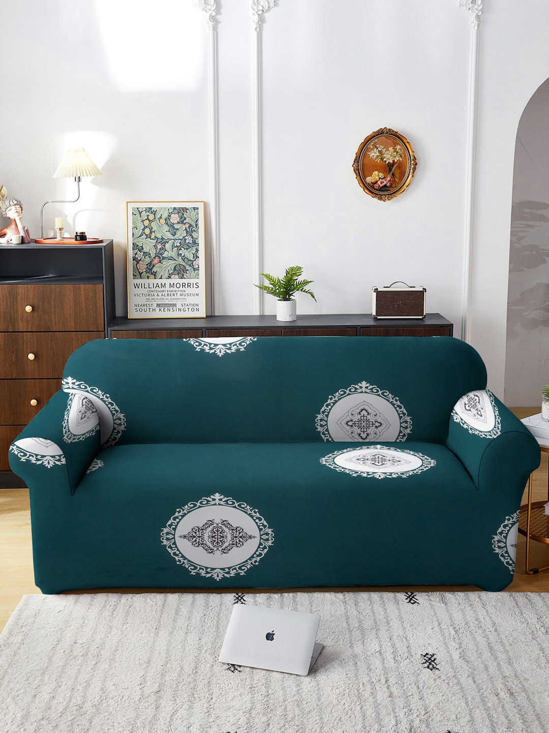 Cortina Bottle green Printed 3-Seater Stretchable Non-Slip Sofa Slipcover