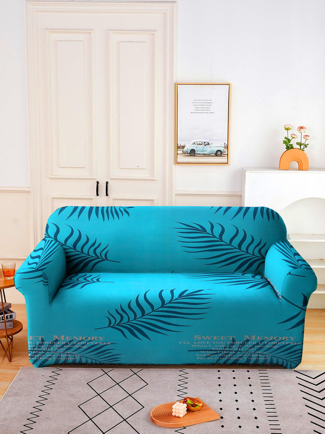 Cortina Turquoise Blue Printed 2-Seater Stretchable Non-Slip Sofa Slipcover