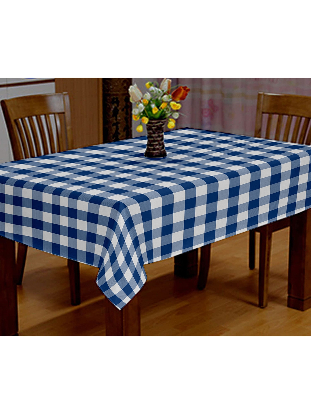 Lushomes Blue Buffalo Checks Printed Square 4 Seater Dining Table Cover