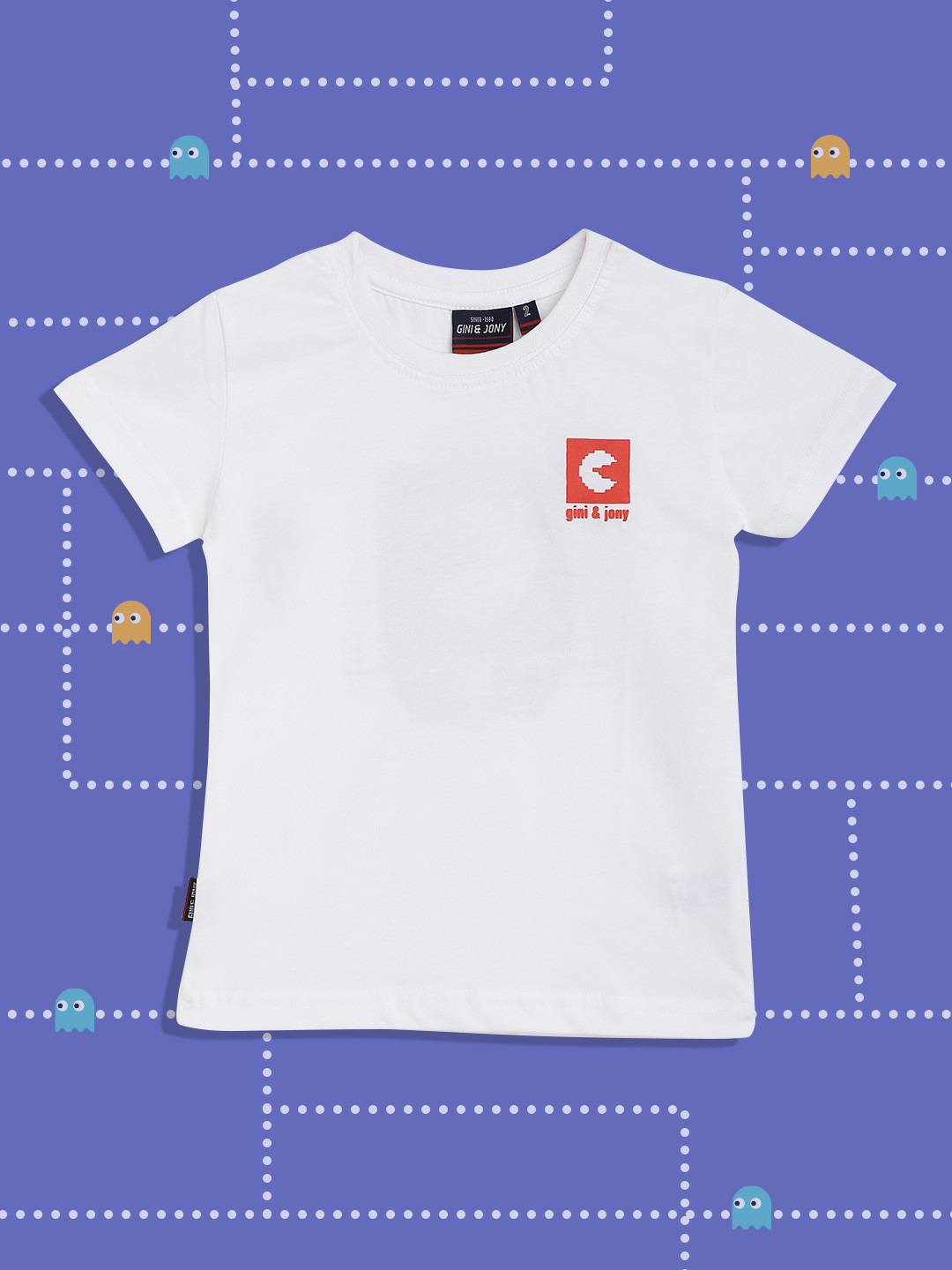 Gini and Jony Boys White & Red Pure Cotton Pac-Man Printed Back T-shirt