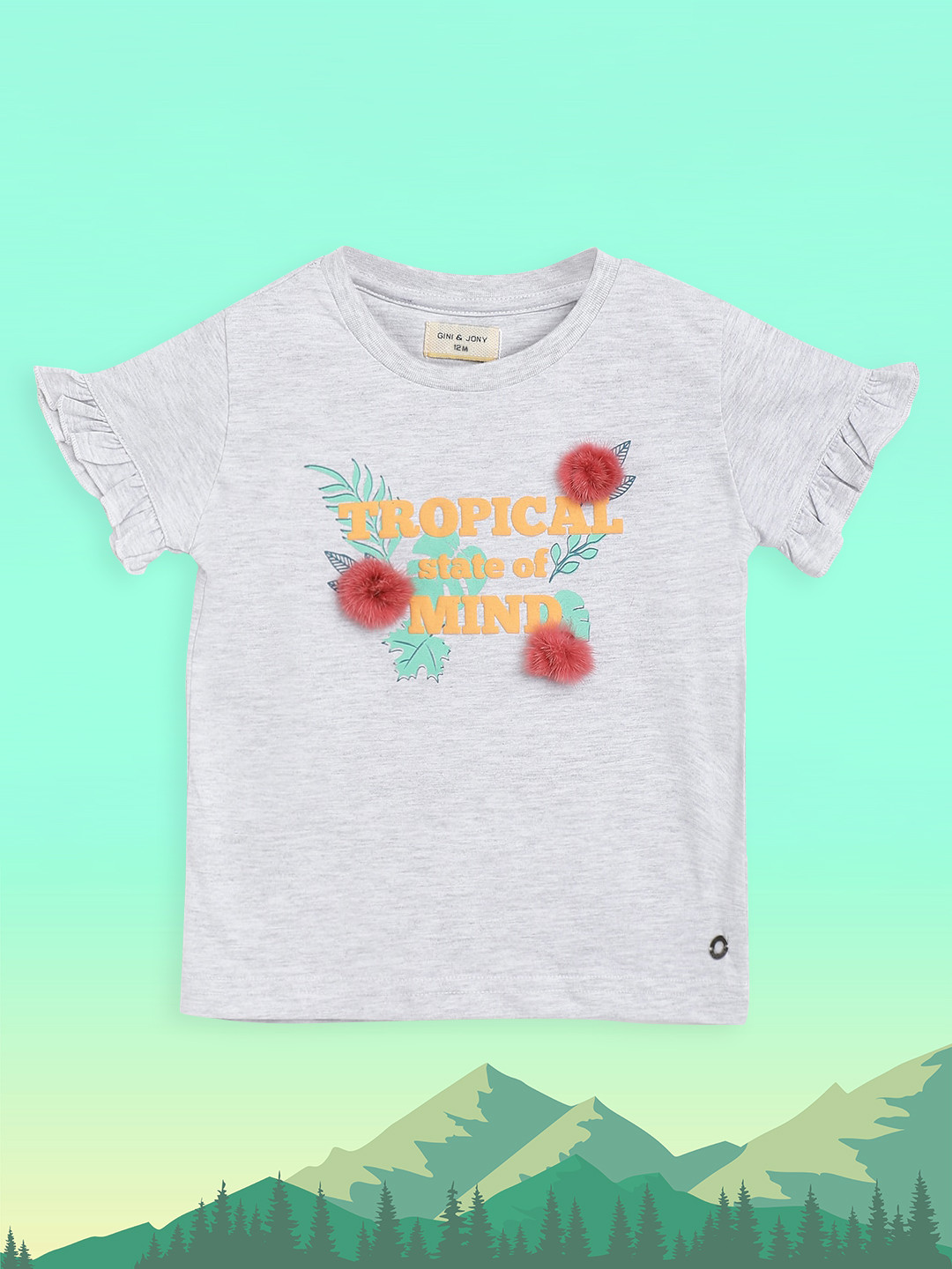 Gini and Jony Grey & Orange Pure Cotton Typography Print Top with Pom-Pom