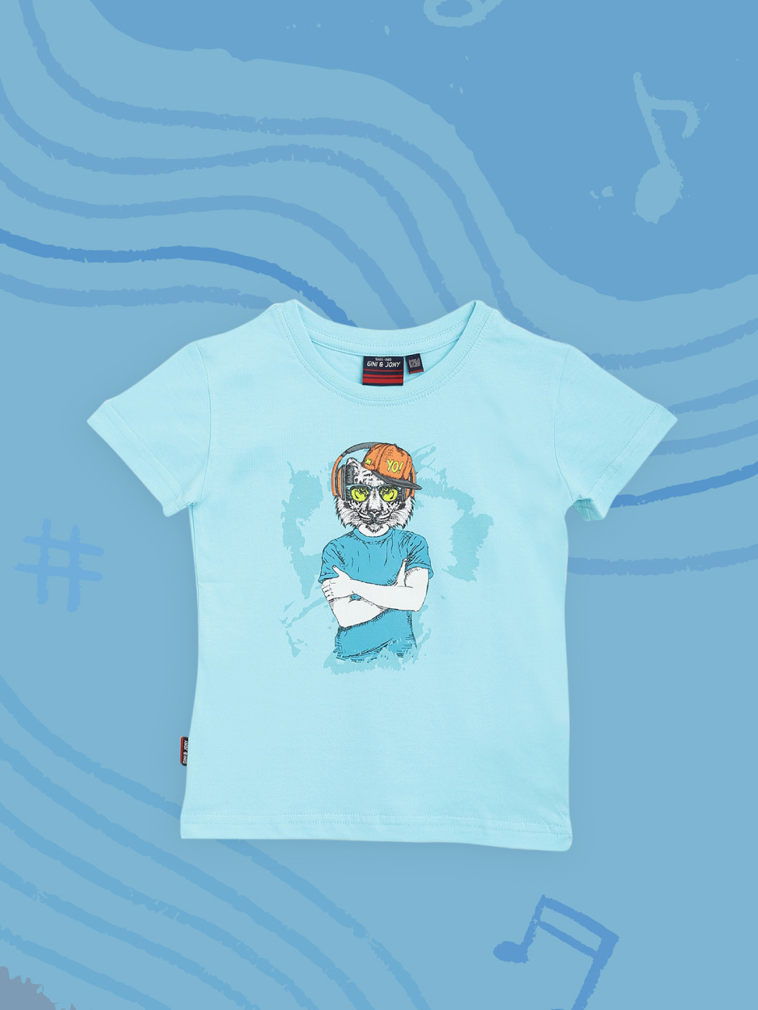 Gini and Jony Boys Blue & White Pure Cotton Printed T-shirt