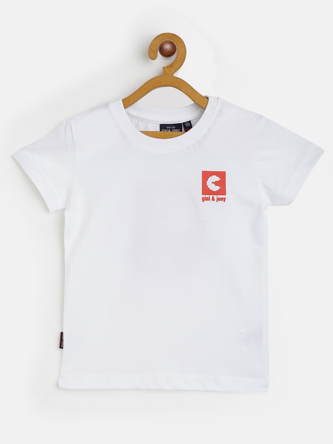 Gini and Jony Boys White & Red Pure Cotton Pac-Man Printed Back T-shirt