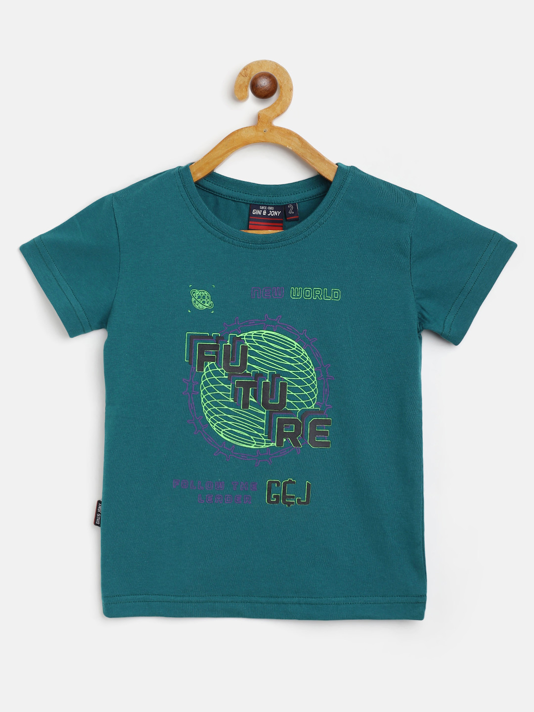 Gini and Jony Boys Teal Green & Black Pure Cotton Typography Printed T-shirt