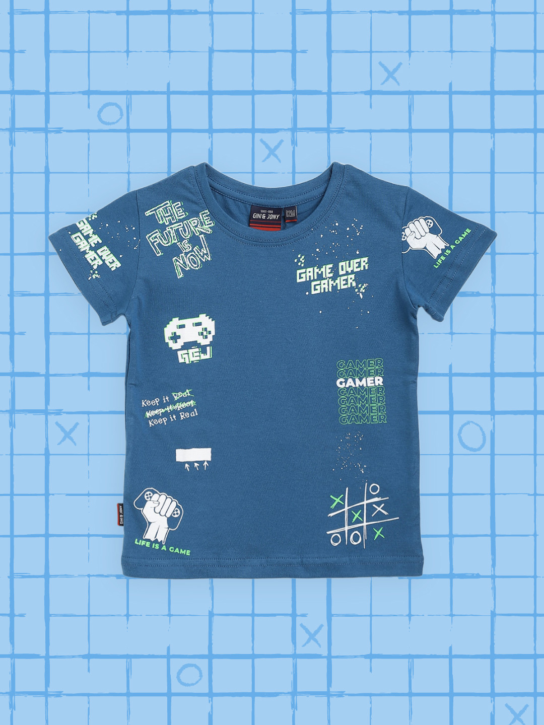 Gini and Jony Infant Boys Teal Blue & White Pure Cotton Typography Printed T-shirt