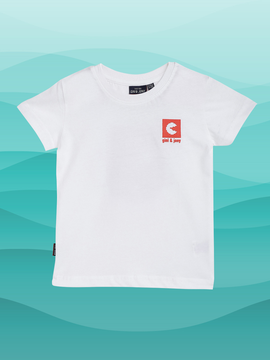 Gini and Jony Boys White & Red Pure Cotton Pac-Man Printed Back T-shirt