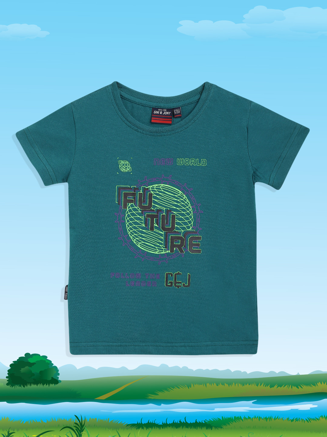 Gini and Jony Boys Teal Green & Black Pure Cotton Typography Printed T-shirt