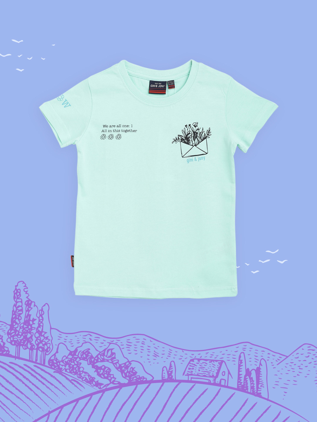Gini and Jony Infant Boys Sea Green & Black Typography Printed Back T-shirt