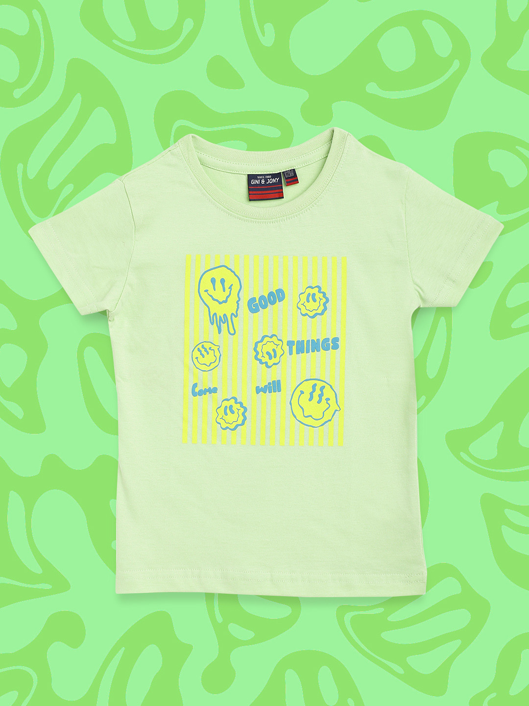 Gini and Jony Infant Boys Green & Yellow Cotton Printed T-shirt