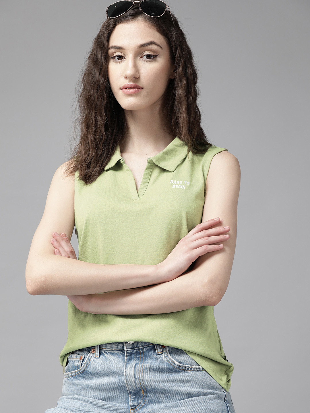 The Roadster Lifestyle Co. Women Olive Green Solid Pure Cotton Sleeveless Polo T-shirt