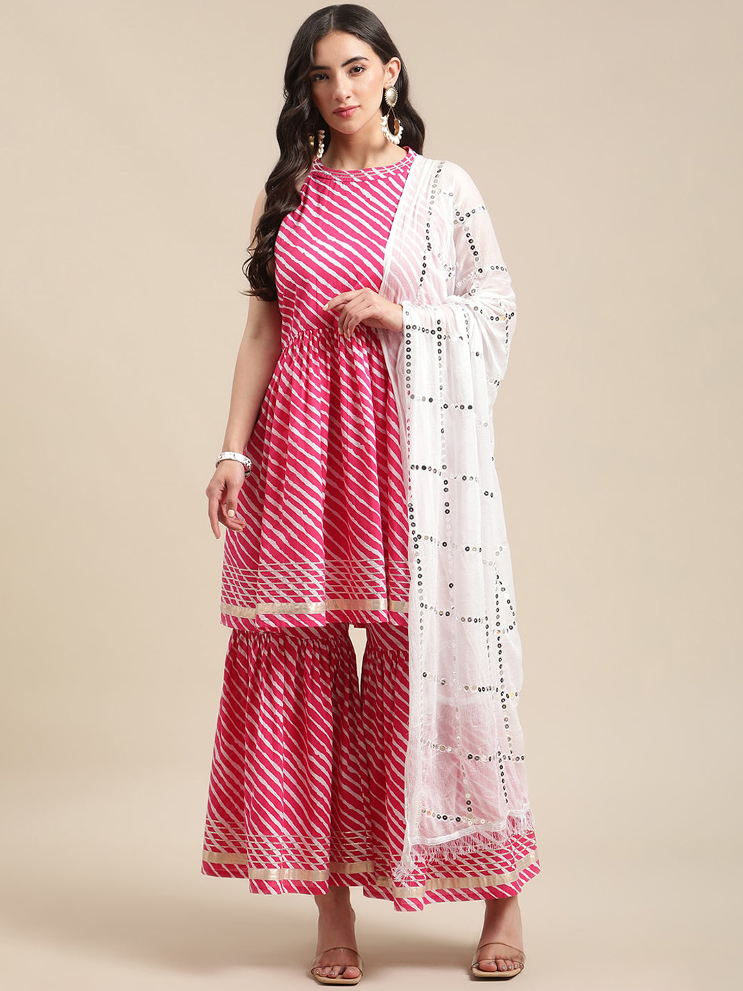 Varanga Women Pink Leheriya Printed Mirror Work Kurti with Sharara & With Dupatta