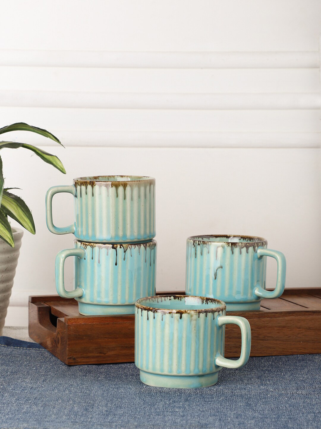 MIAH Decor Flamingo Green Striped Ceramic Handcrafted 4 Piece Mugs-150ml
