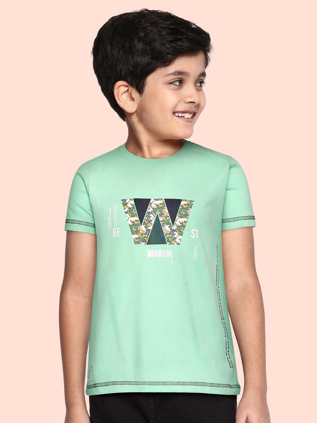 Monte Carlo Boys Sea Green & White Printed Pure Cotton T-shirt