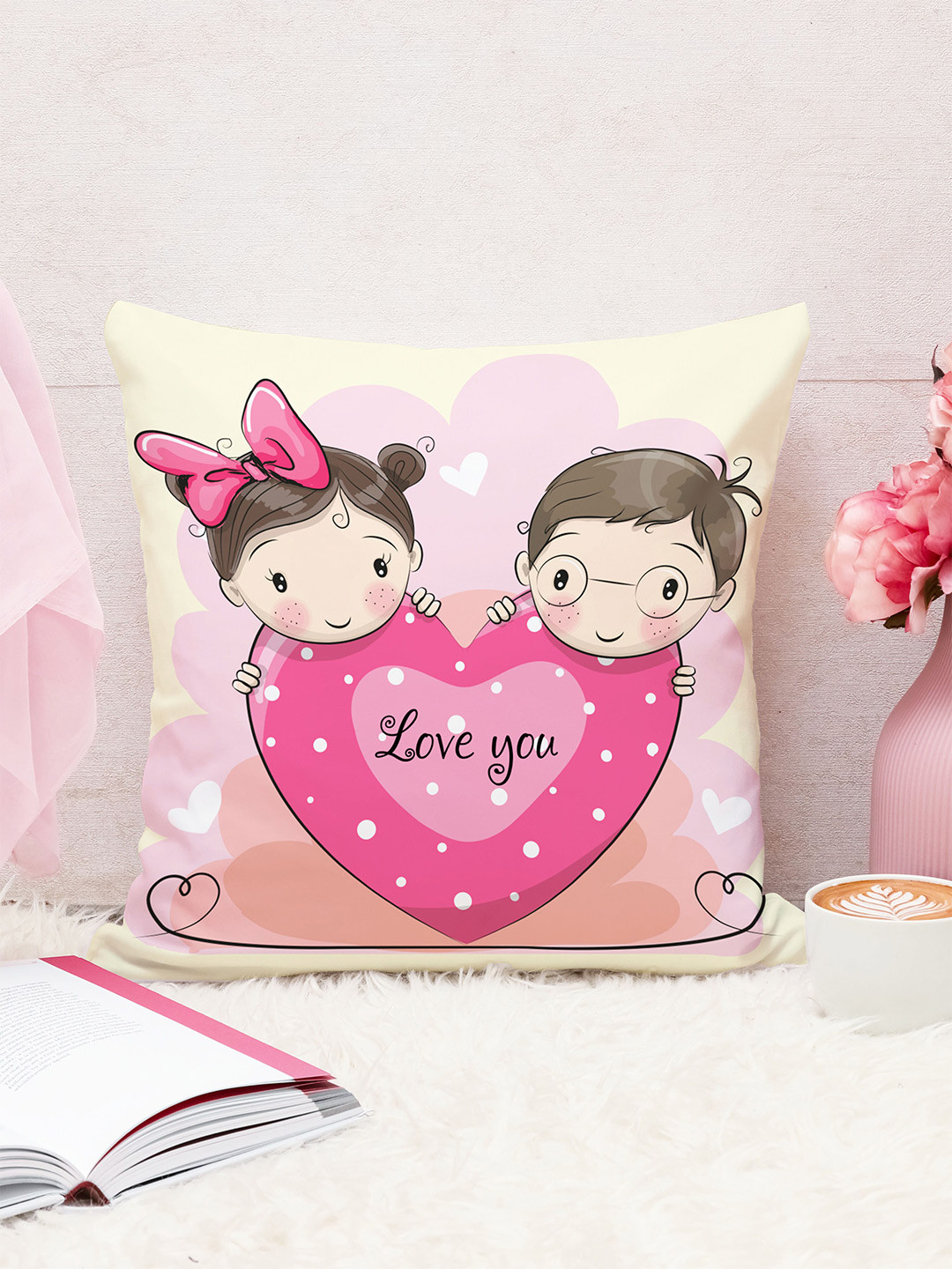 STITCHNEST Pink & Cream Jute Cushion Cover