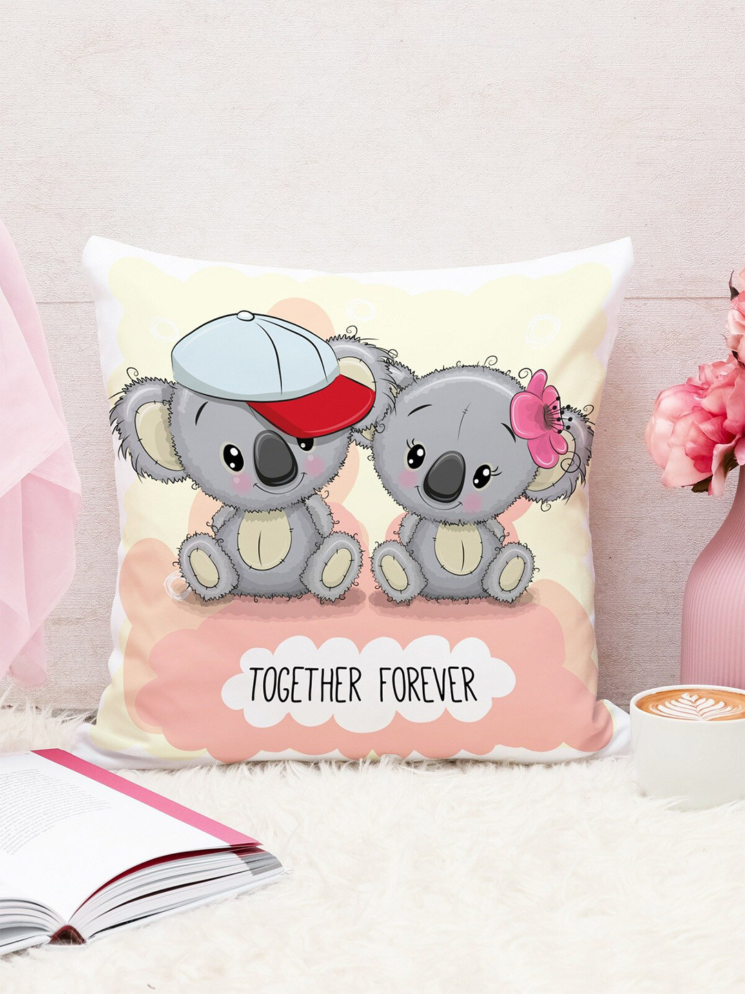 STITCHNEST Grey & Pink Cotton Canvas Cushion Cover