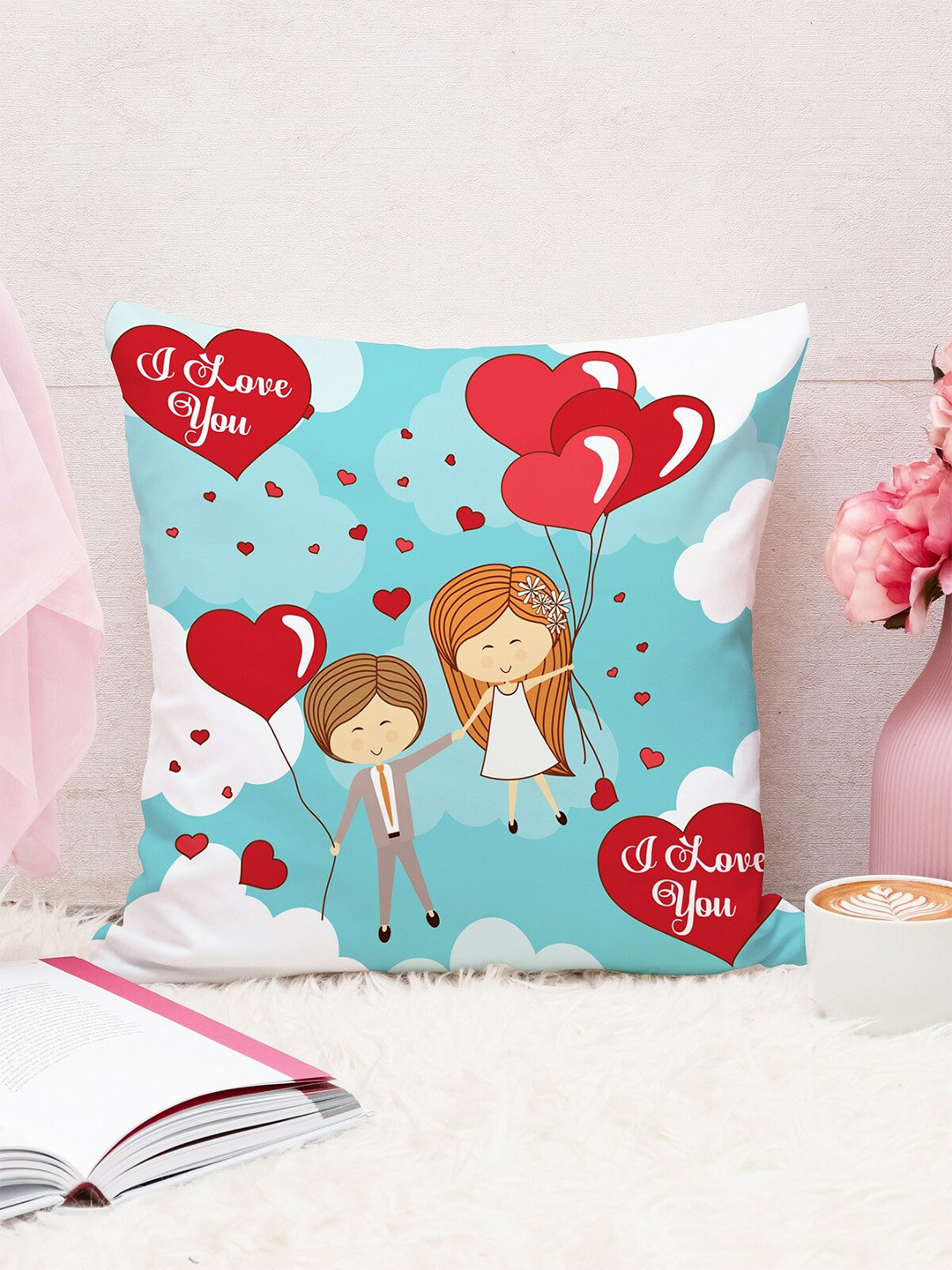 STITCHNEST Blue & Red Jute Cushion Cover