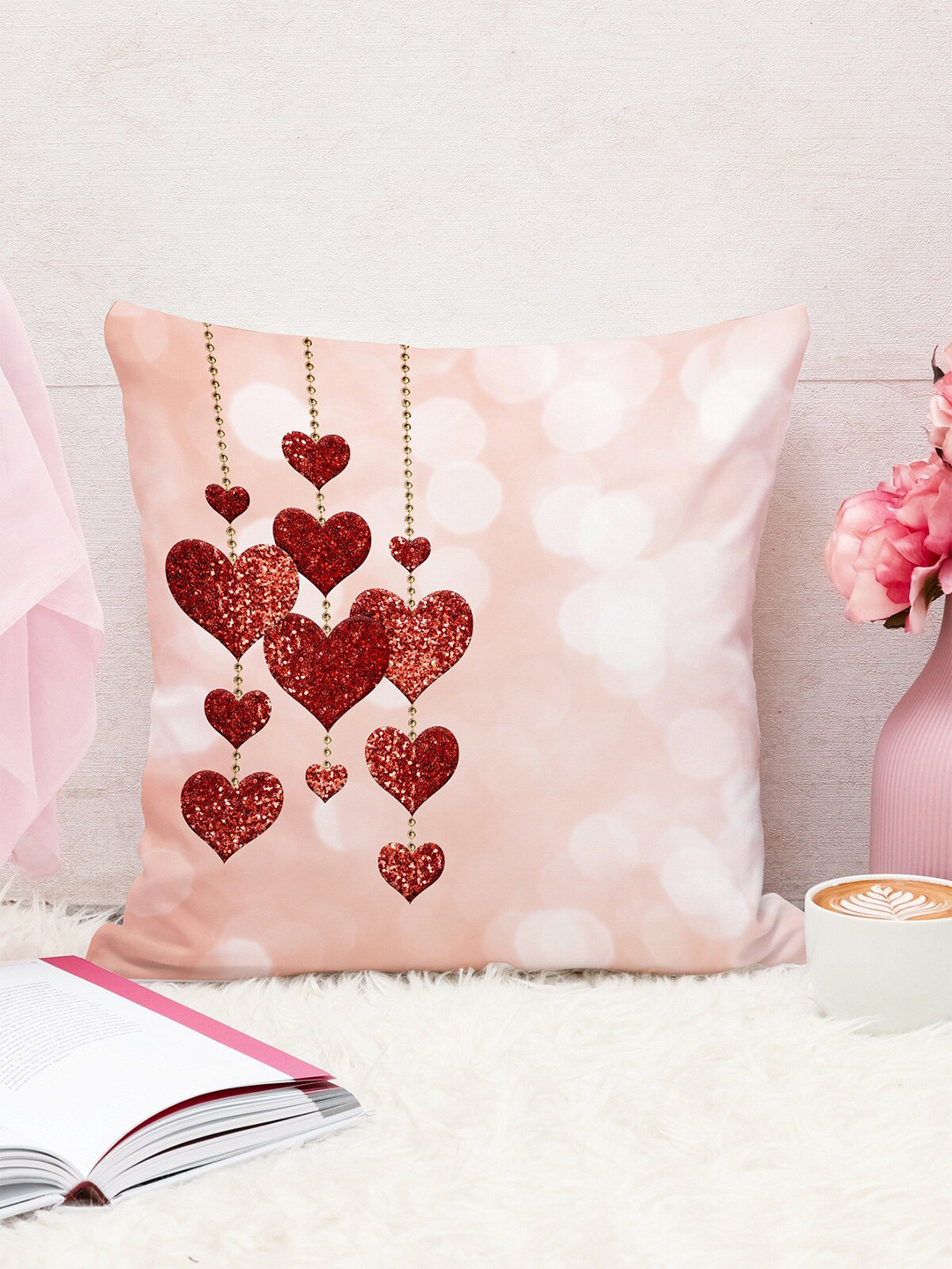 STITCHNEST Peach & Red Cotton Canvas Cushion Cover