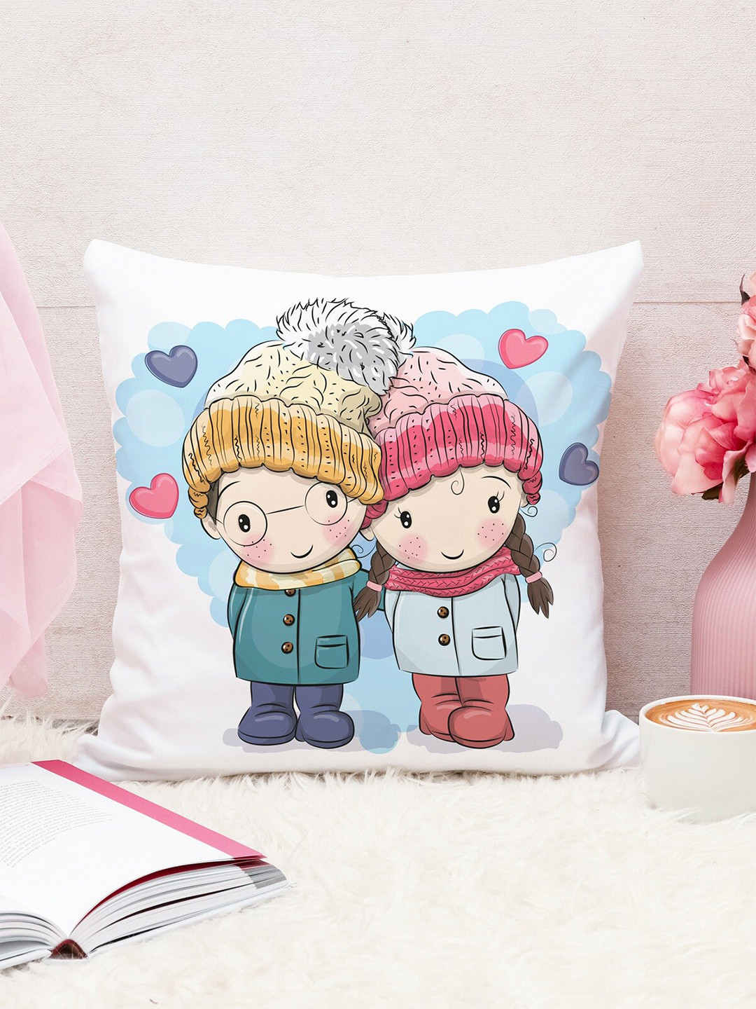 STITCHNEST Blue & Pink Jute Cushion Cover