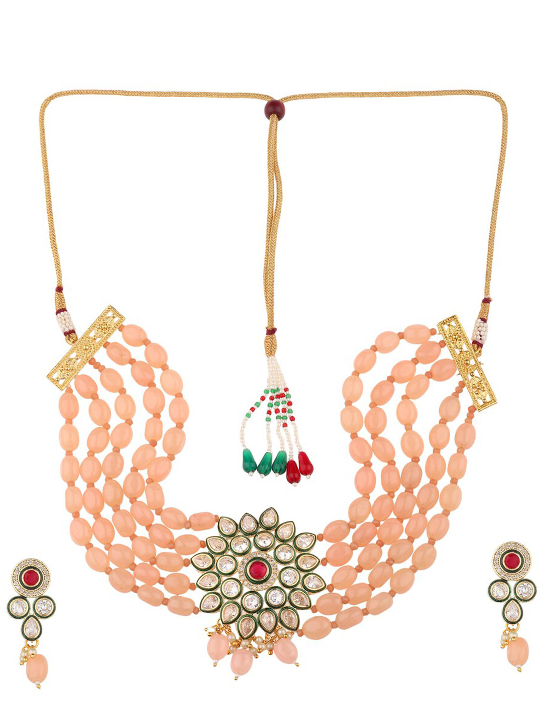 Runjhun Gold-Plated Peach-Coloured Choker with Earrings