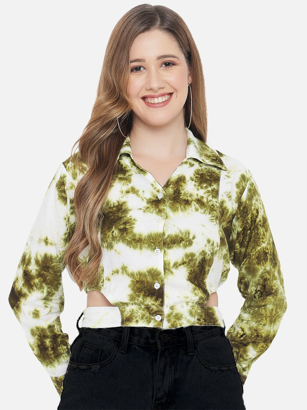 Indietoga Green & White Tie and Dye Print Shirt Style Crop Top