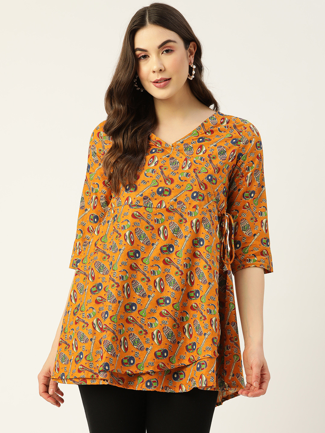FERANOID Mustard Yellow & Blue Cotton Printed Angrakha Tunic