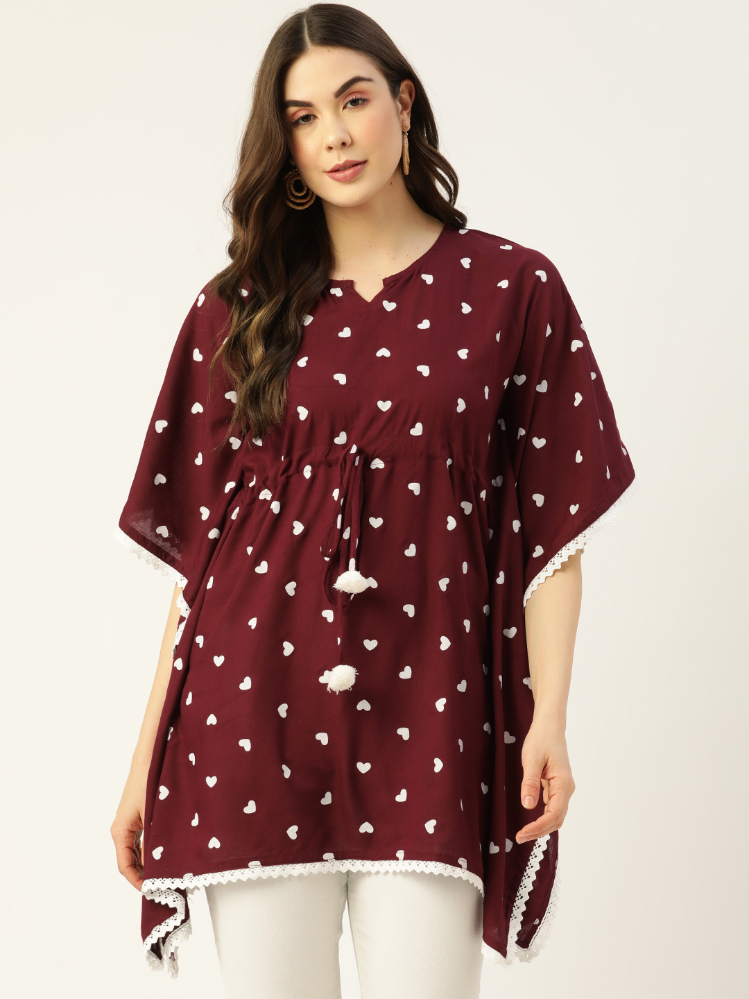 FERANOID Maroon & Off White Cotton Printed Kaftan Tunic