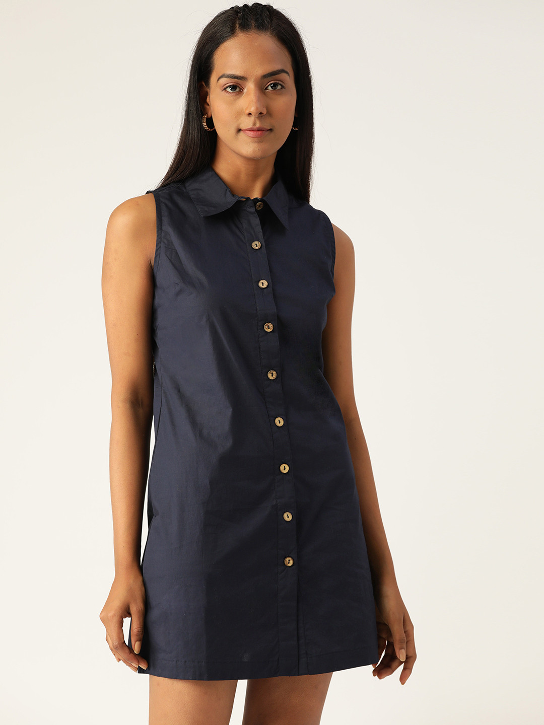 VARUSHKA Navy Blue Pure Cotton Solid Shirt Collar Mini Dress