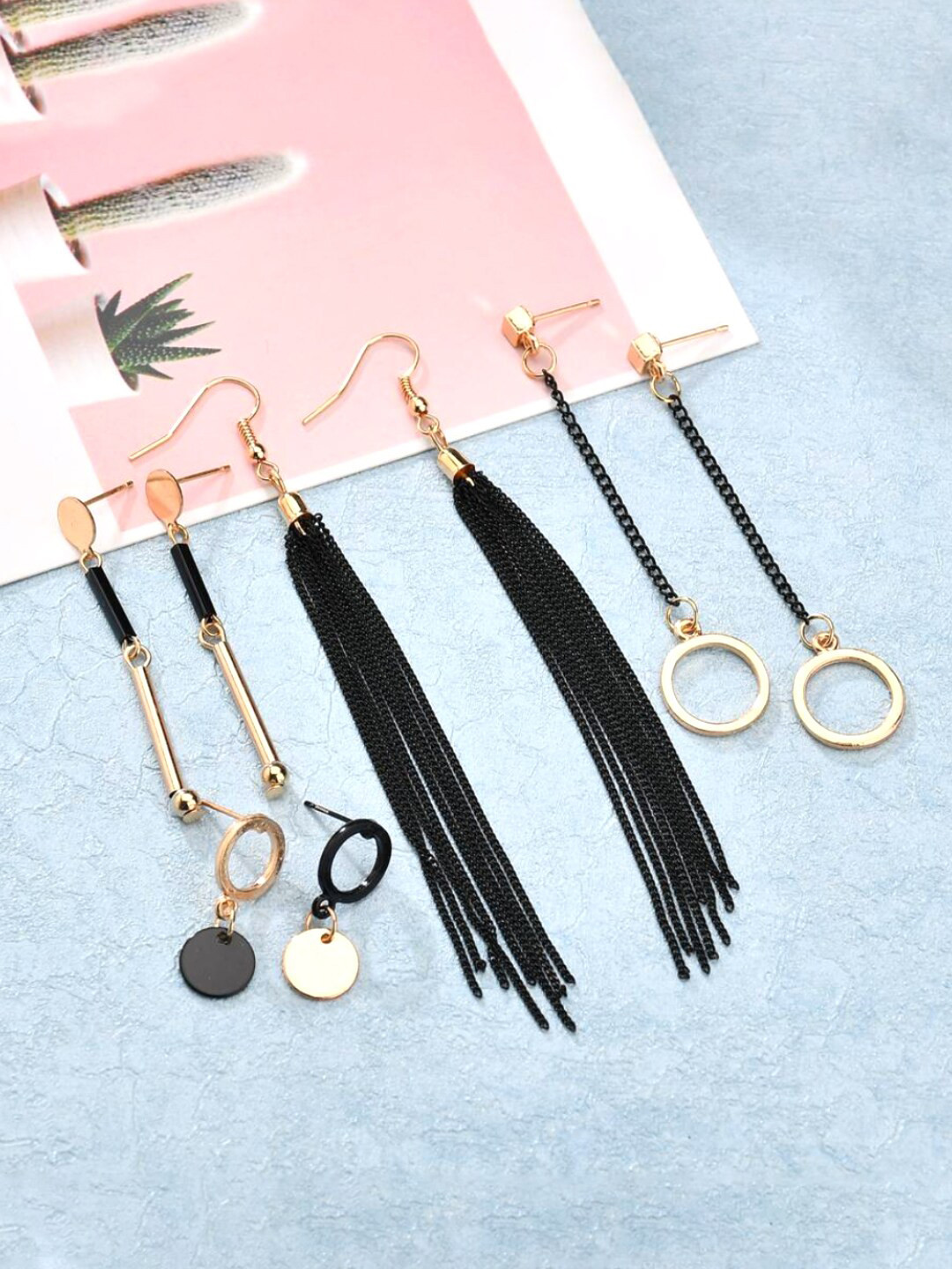 Yellow Chimes Woman Set of 4 Gold Plated Black Chain Long Dangler Earrings