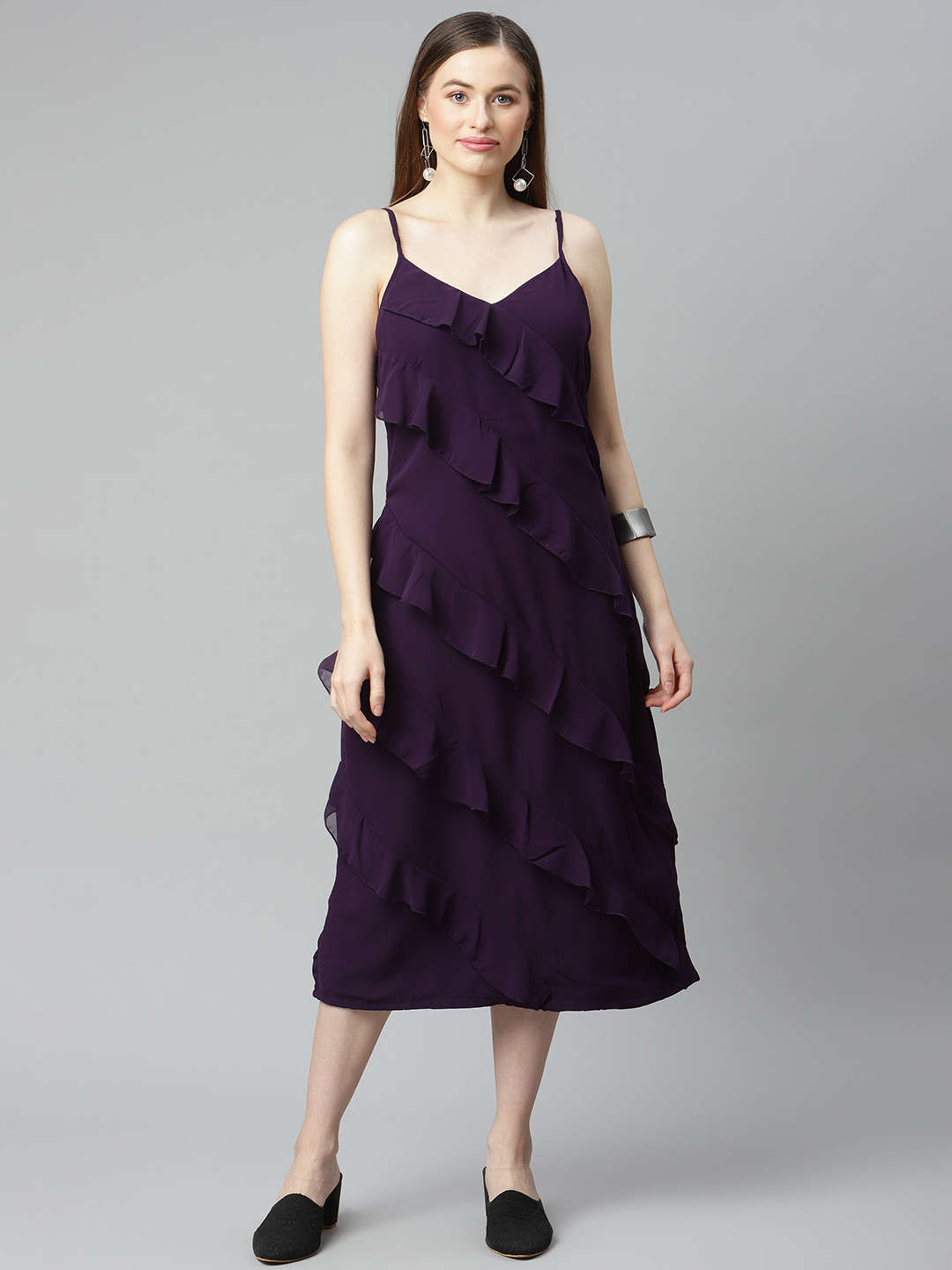 plusS Purple Party A-Line Midi Ruffle Dress