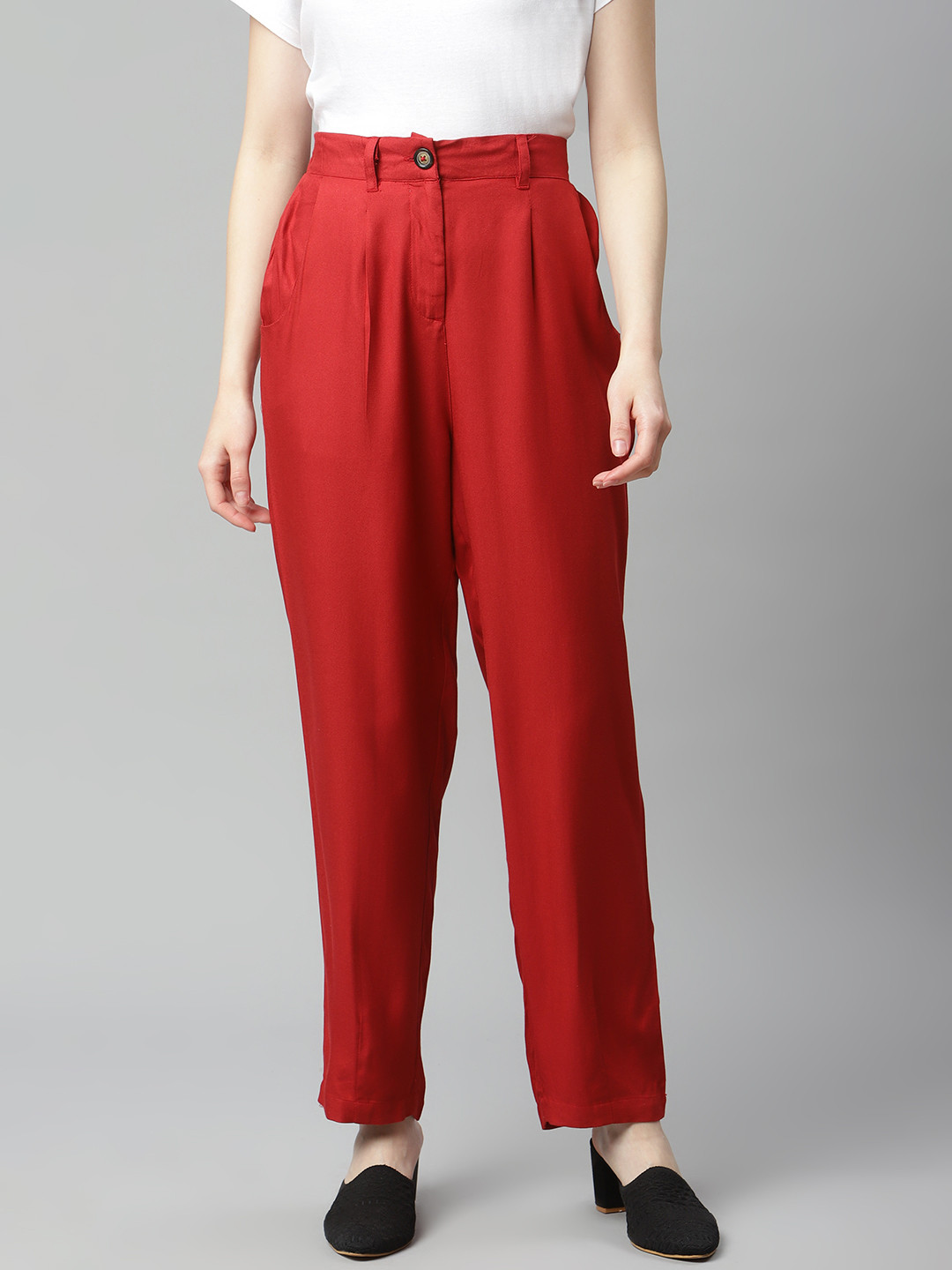 plusS WORX Women Red Solid Regular Trousers