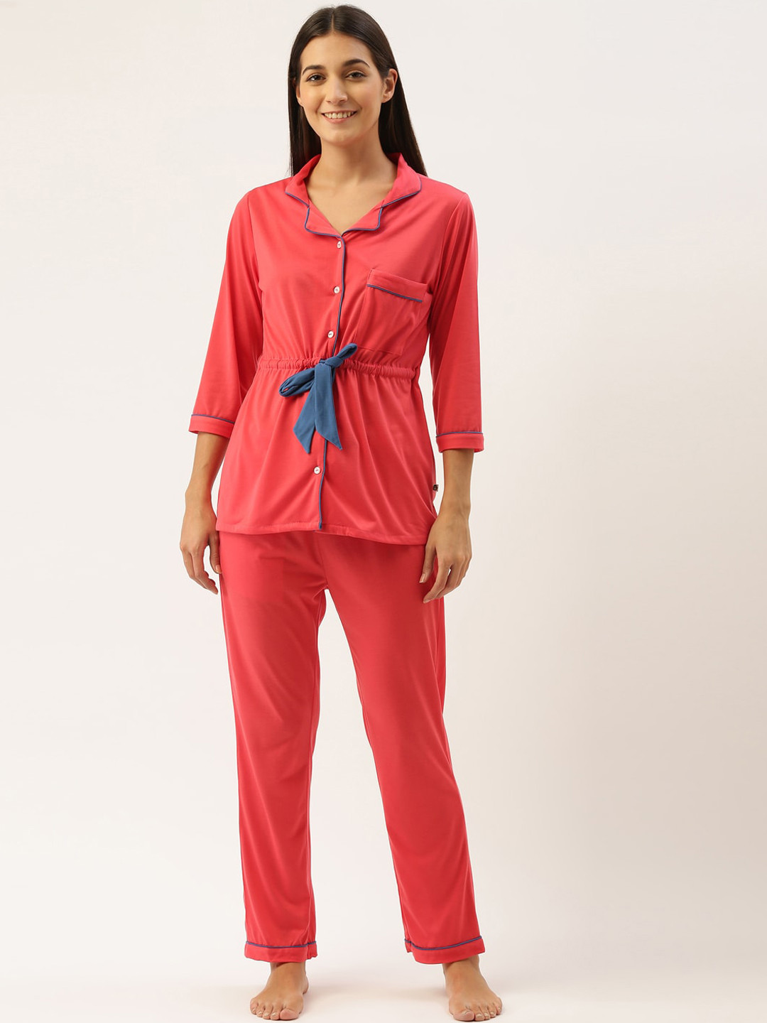 Bannos Swagger Women Pink & Blue Shirt Night suit