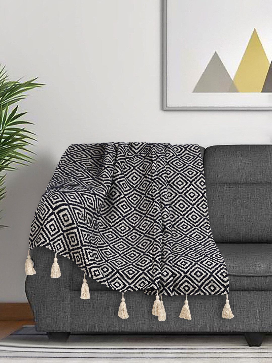 Mezposh Navy Blue & Beige Diamond Patterned Sofa Throw With Tassels