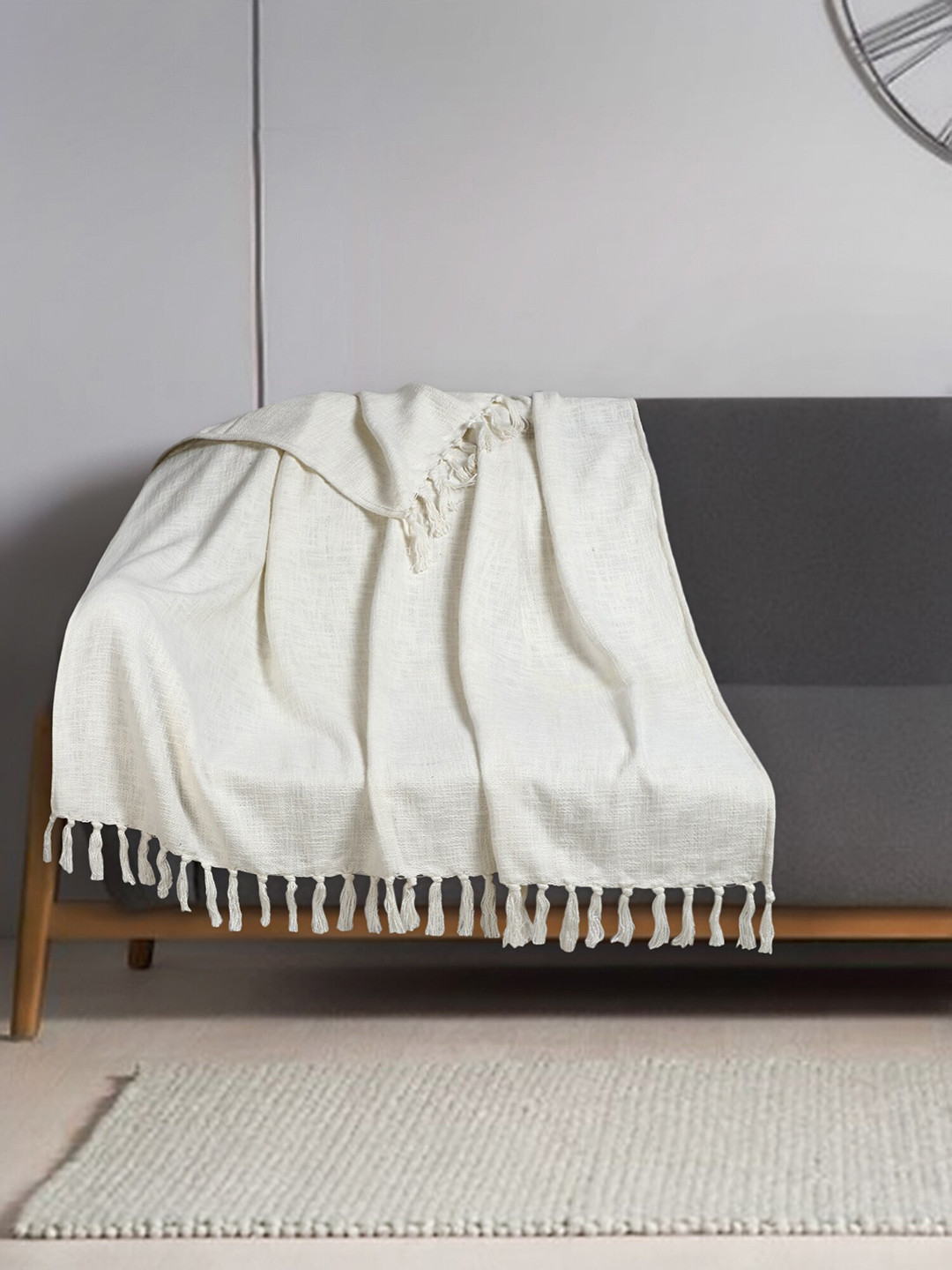 Mezposh White Self Design Cotton Sofa Throw