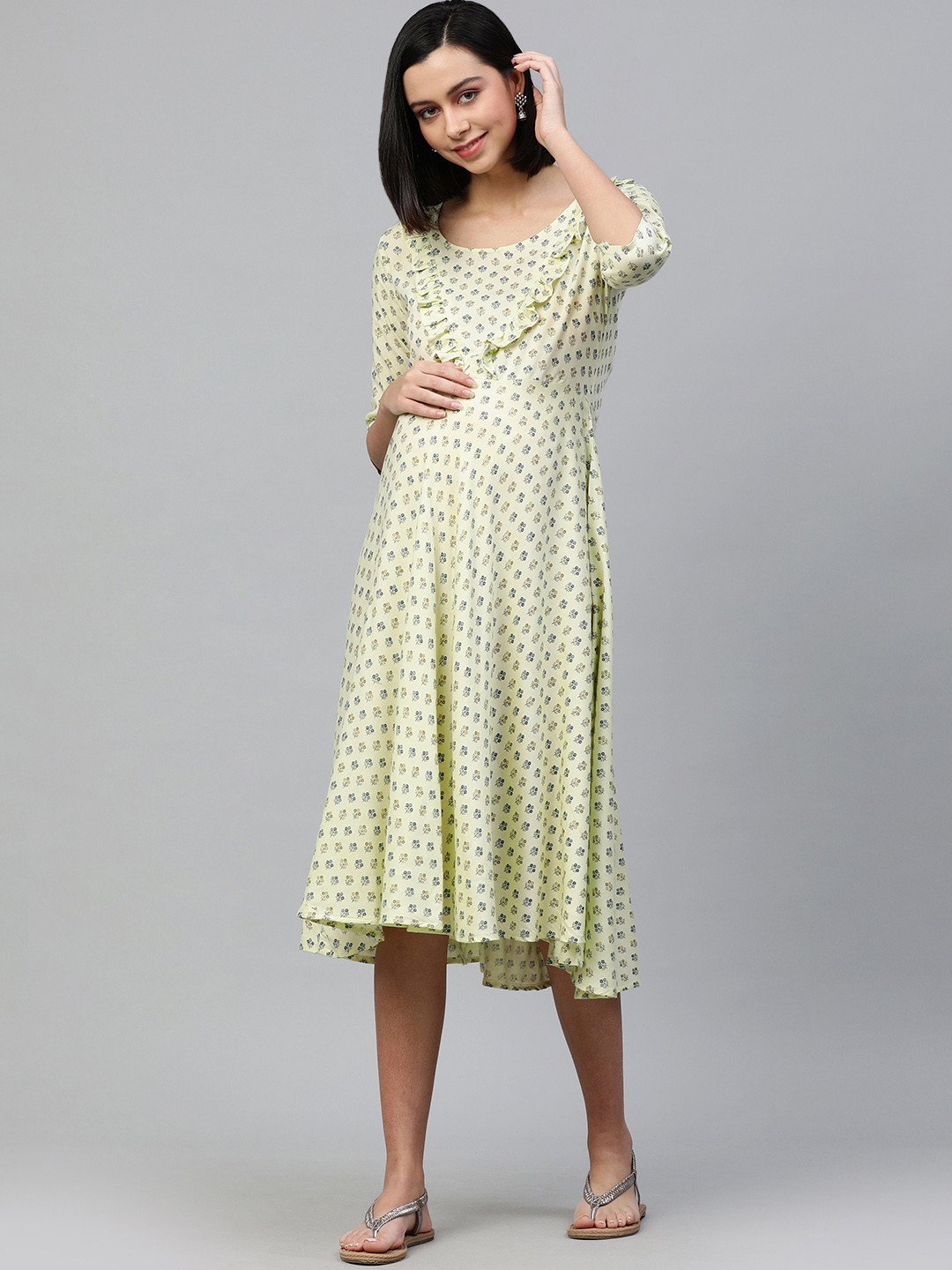 Swishchick Green & Blue Floral Printed Maternity A-Line Midi Dress