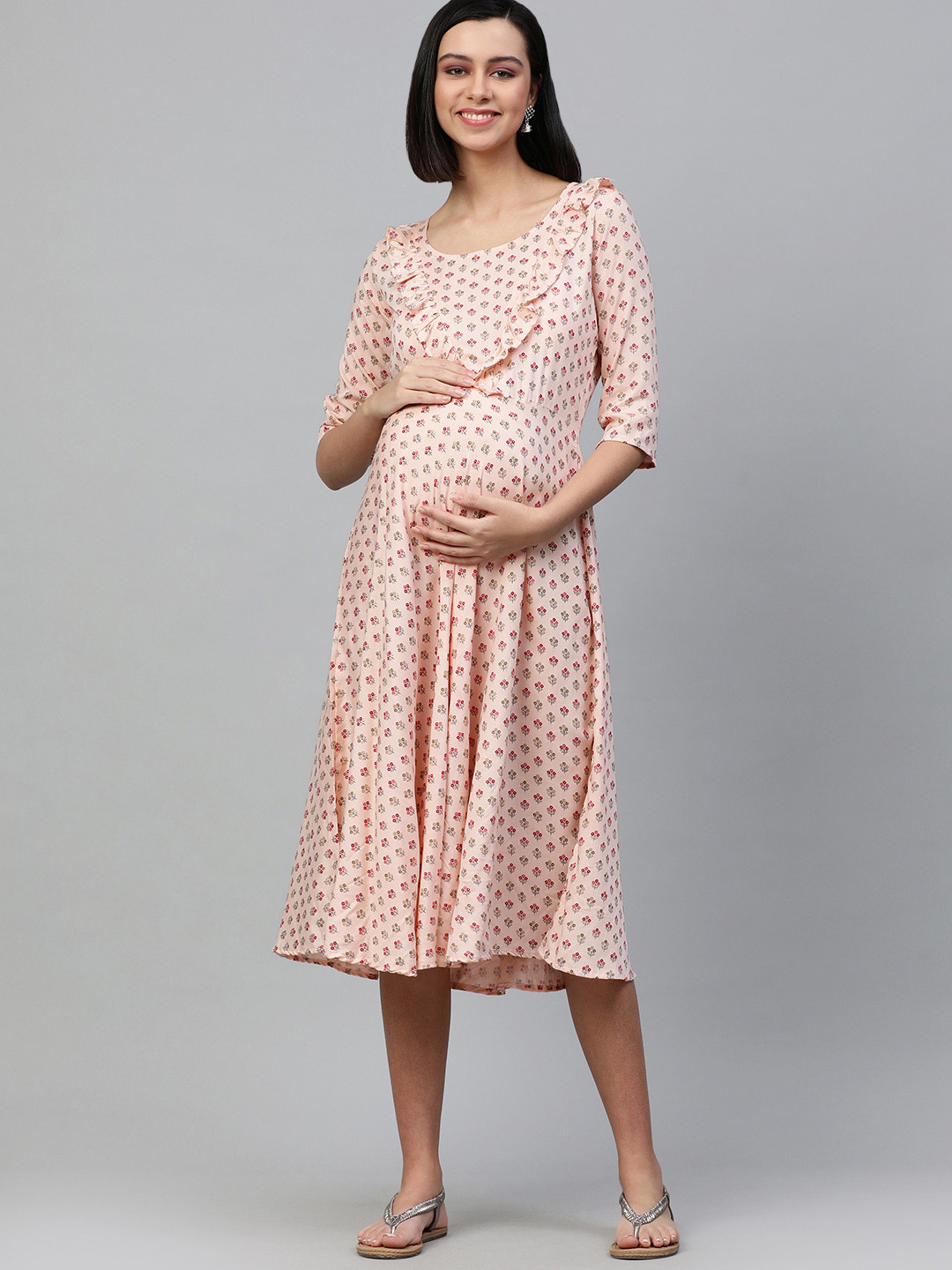 Swishchick Pink & Red Floral Printed Maternity A-Line Midi Dress
