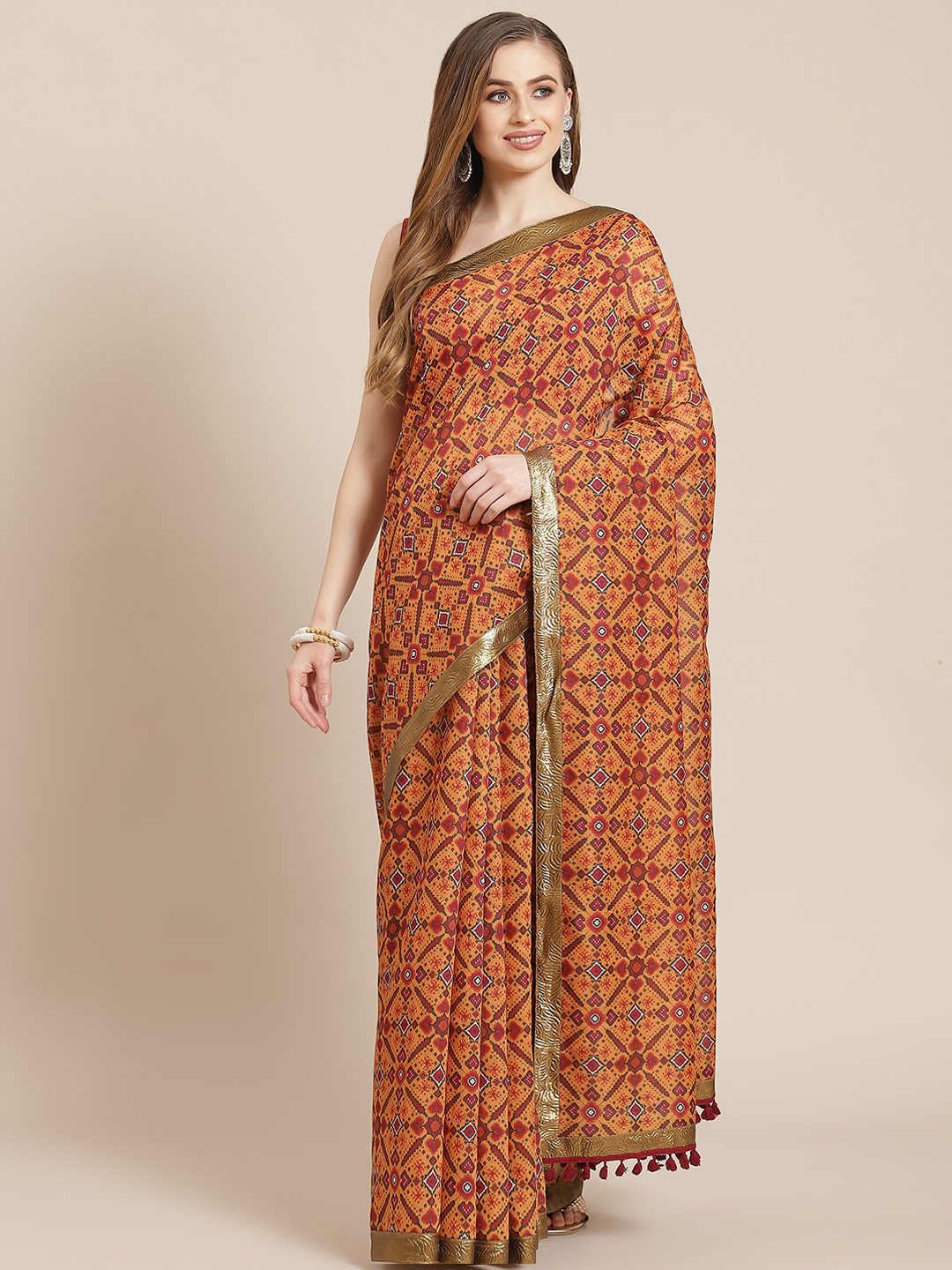 Shae by SASSAFRAS Mustard Yellow & Green Ethnic Motifs Print Patola Saree