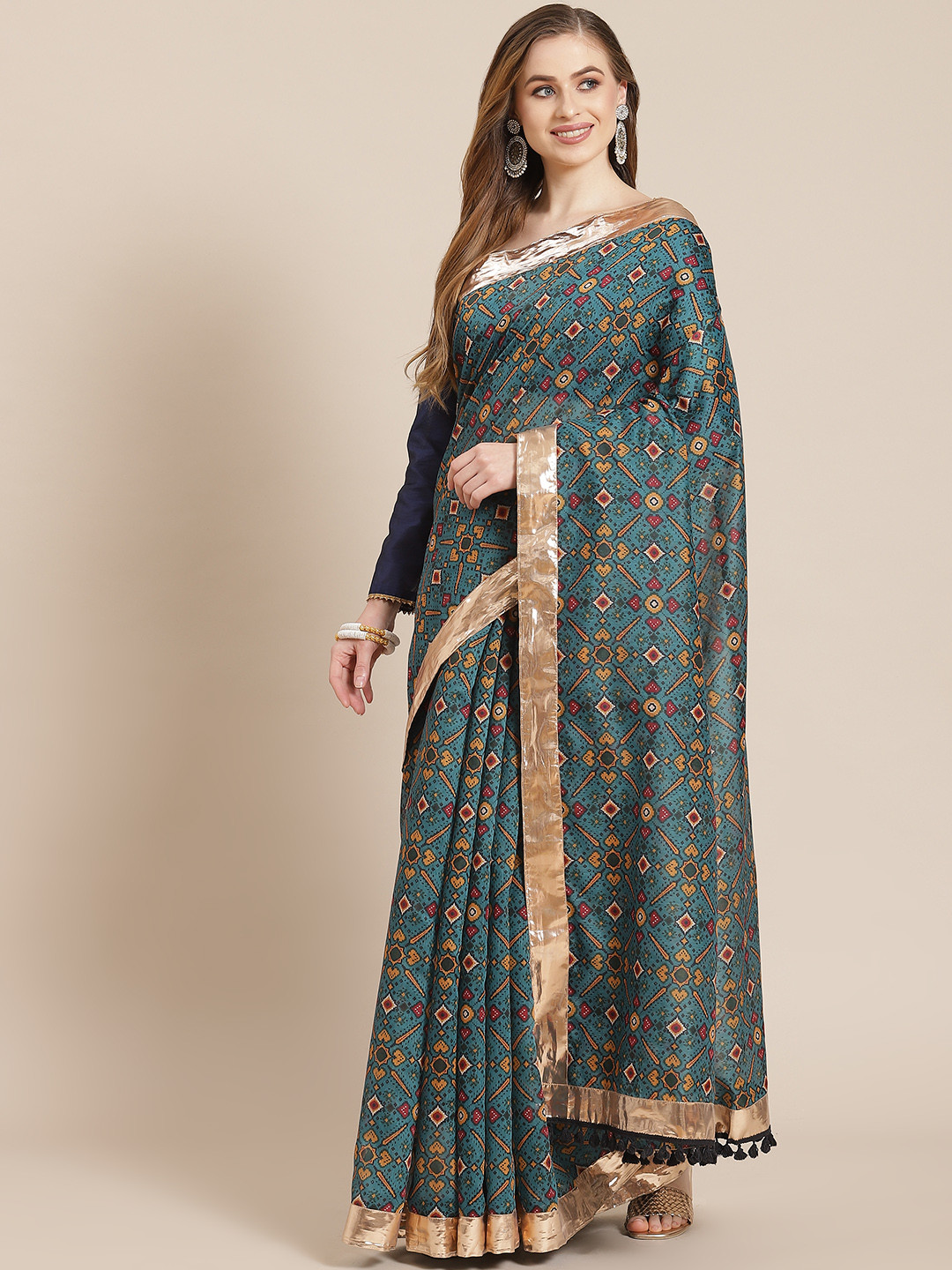 Shae by SASSAFRAS Teal Green & Maroon Ethnic Motifs Print Gotta Patti Patola Saree