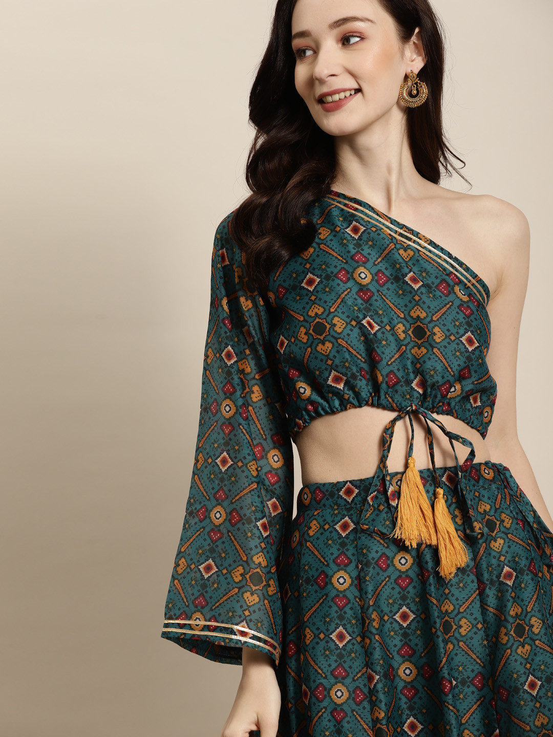 Shae by SASSAFRAS Teal Green & Maroon Patola One Shoulder Blouson Crop Top