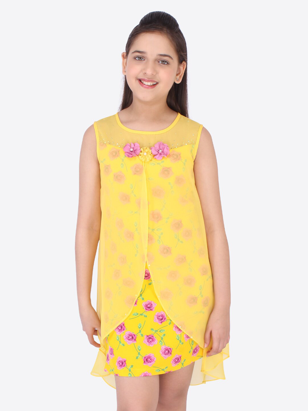CUTECUMBER Girls Yellow Floral Layered Georgette A-Line Dress