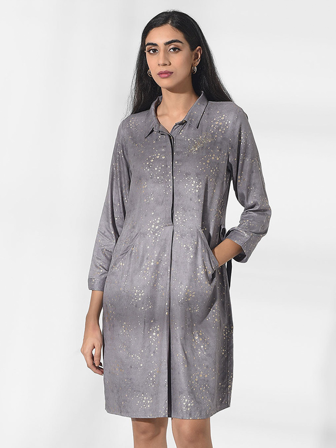 W Woman Light Grey Embroidered Shirt Dress