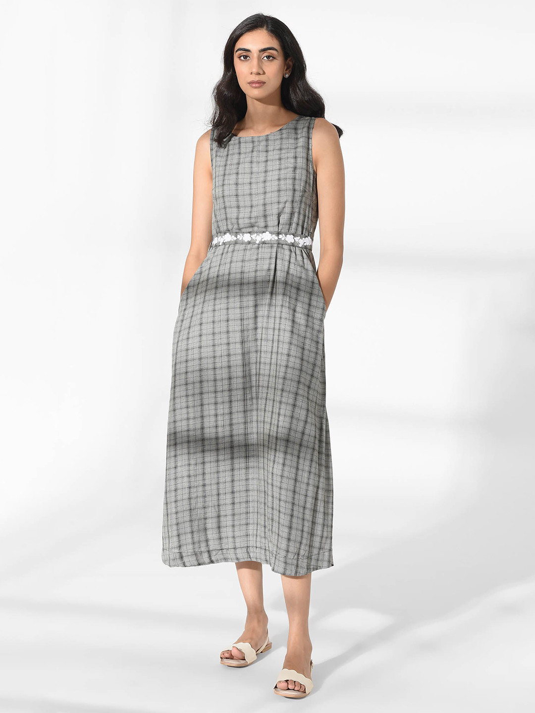 W Black Checked A-Line Midi Dress