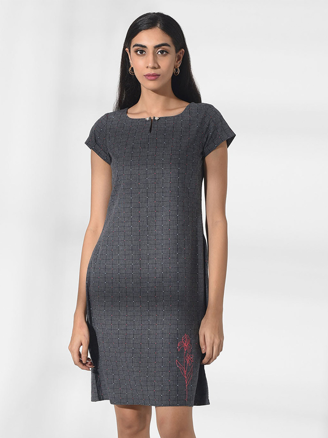 W Charcoal Grey Sheath Dress with Embroidery