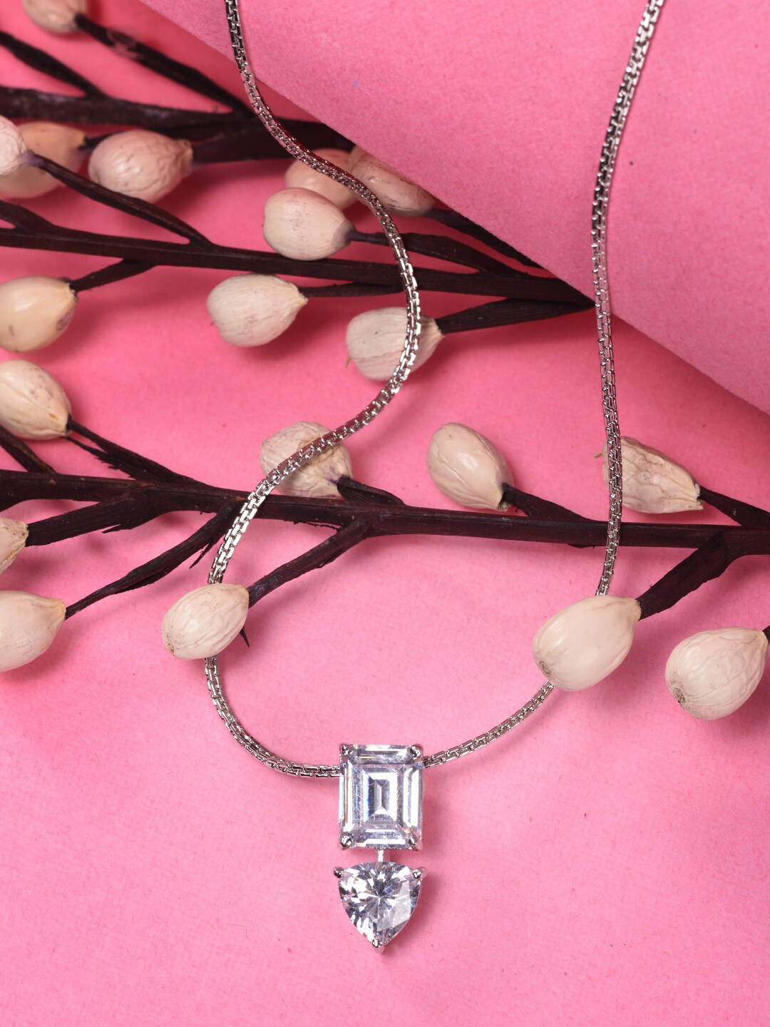 Saraf RS Jewellery Rhodium-Plated Silver-Toned White AD Studded Solitaire Pendant