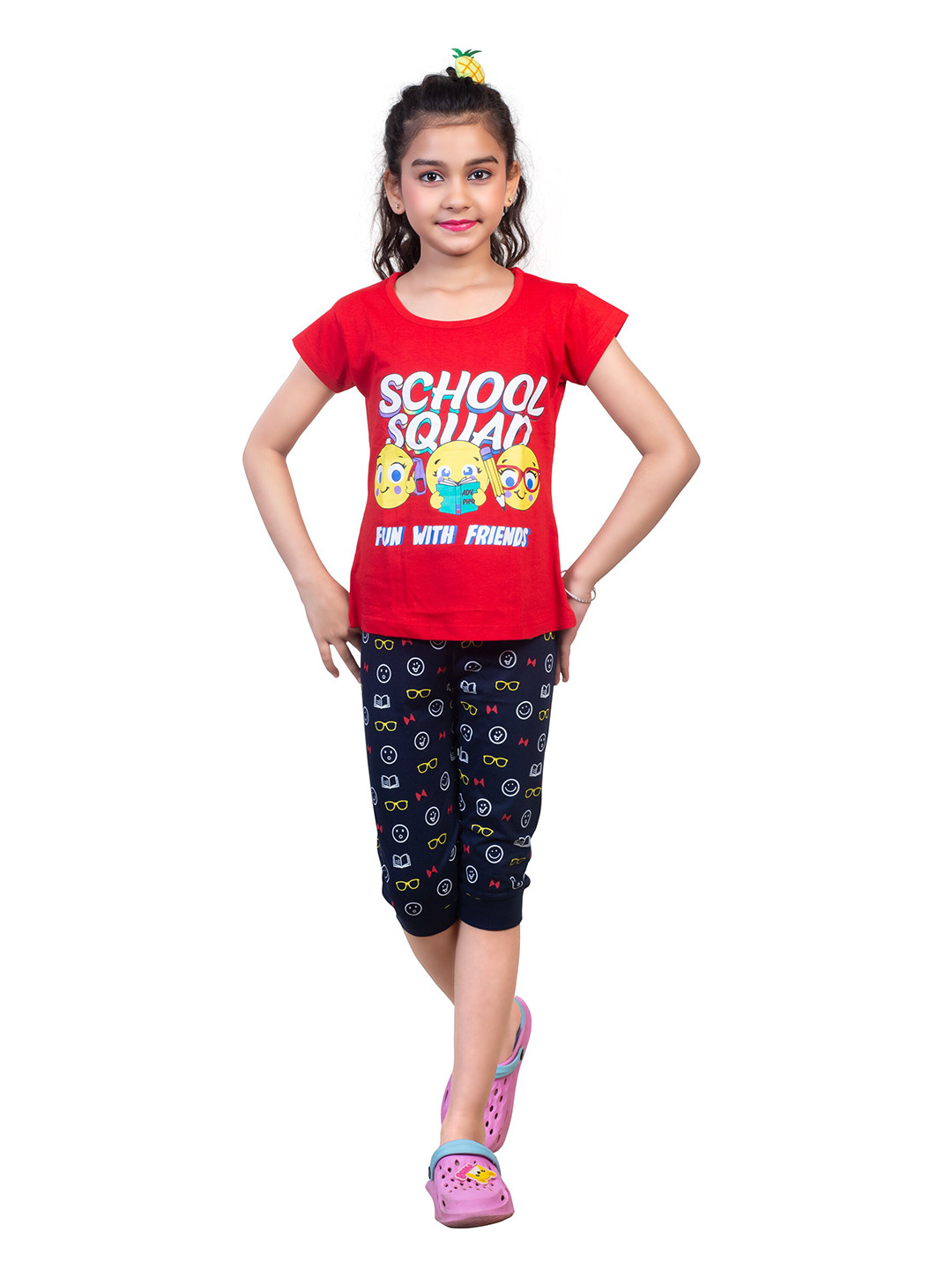 Nottie Planet Girls Red & Navy Blue Printed Night Suit