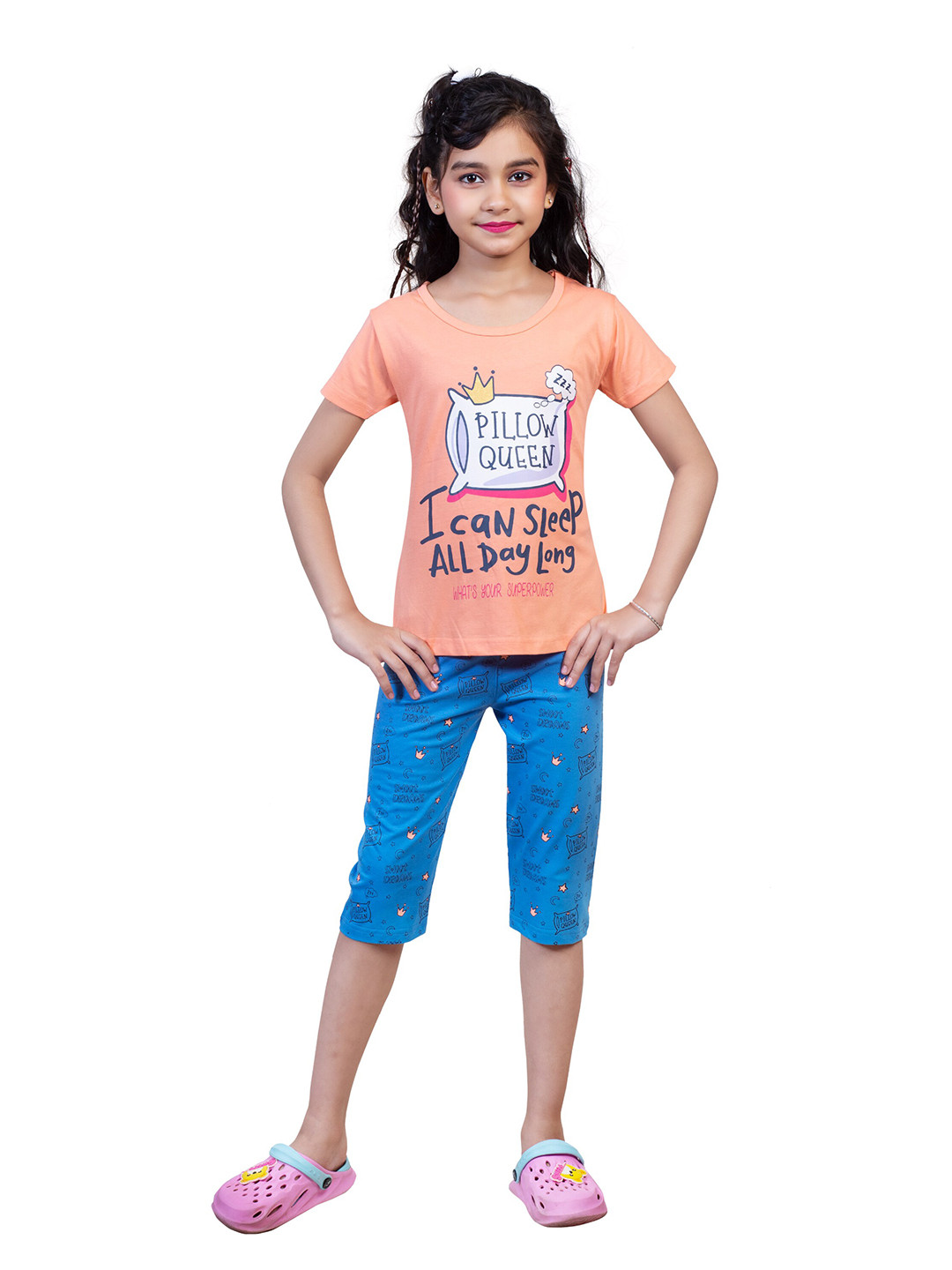 Nottie Planet Girls Coral & Blue Text Printed T-shirt with Pyjamas