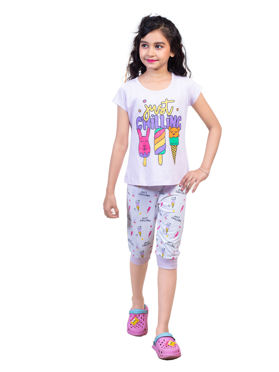 Nottie Planet Girls Lavender & White Printed T-shirt with Pyjamas Night Suit