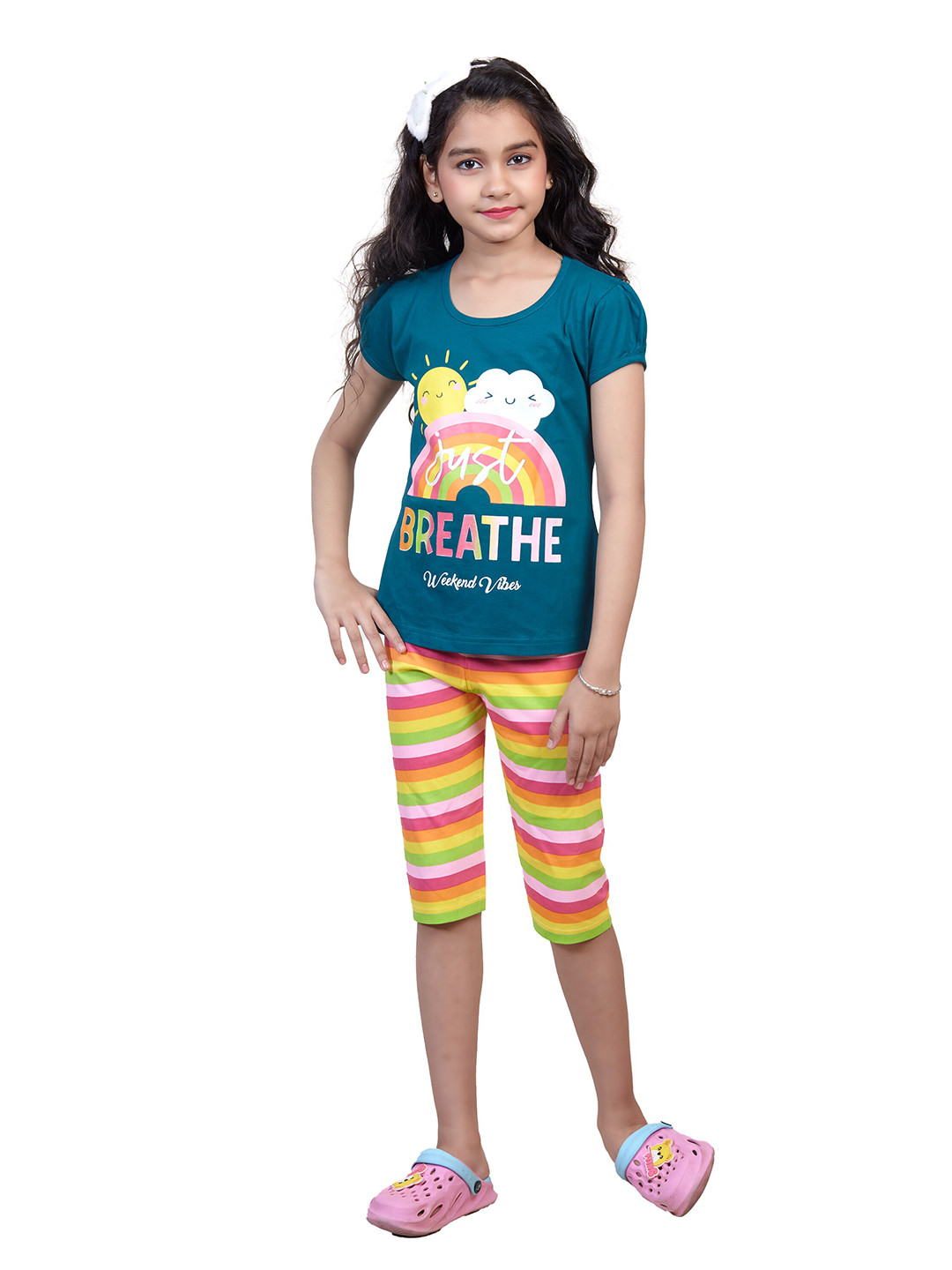 Nottie Planet Girls Teal Green Rainbow Printed Night Suit