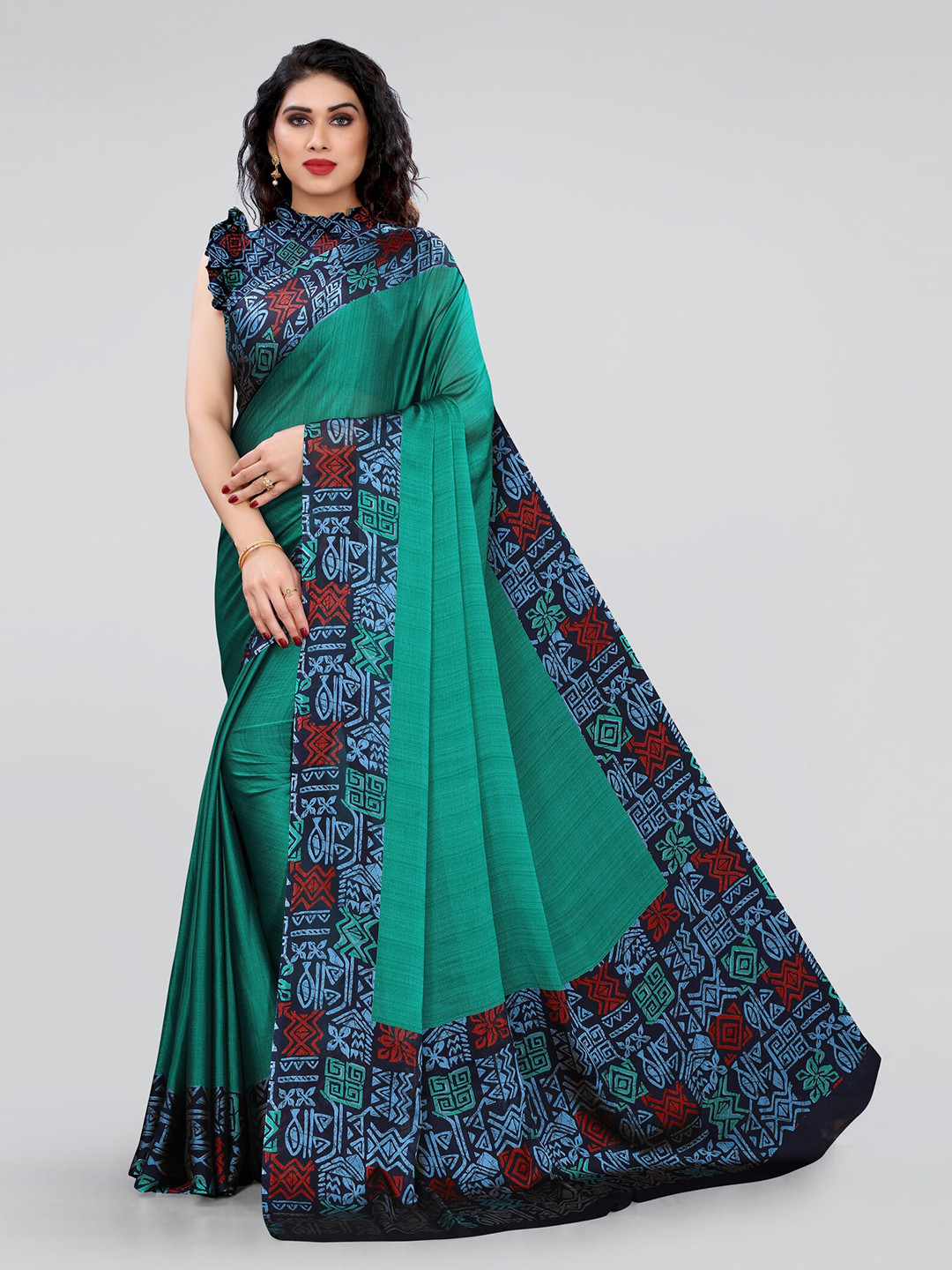 KALINI Teal & Red Batik Poly Chiffon Saree